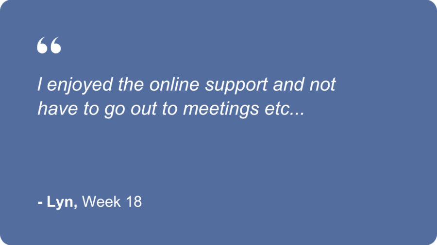 Excerpt of a review from Lyn, a Healthy Weight For Life program graduate—"l enjoyed the online support and not have to go out to meetings etc... "