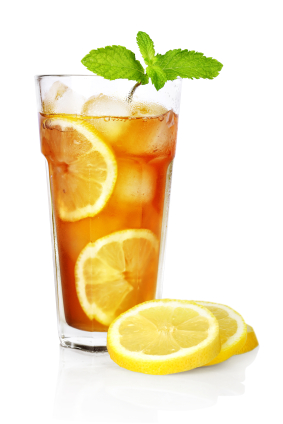 glass of ice tea with lemon and mint on white background